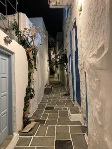 a narrow alley with white buildings and a door at Traditional Cosy Home in Ios Chora