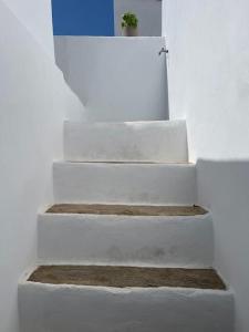 a set of white stairs with a plant on top at Traditional Cosy Home in Ios Chora