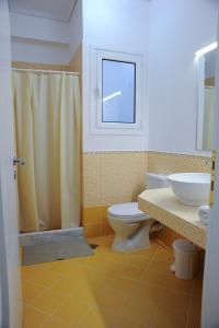 een badkamer met een toilet, een wastafel en een douche bij SAN FLORAN in Áyios Flóros