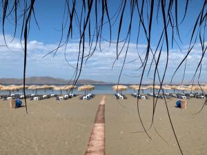 a view of a beach with chairs and umbrellas at Villa Matsika in Moúdhros