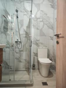 a bathroom with a toilet and a glass shower at Lilli Deluxe apartment in Nikiti