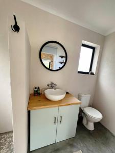a bathroom with a sink and a toilet and a mirror at Stylish Garden Retreat in Cape Town