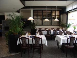 a dining room with tables and chairs and potted plants at Hotel Landhaus Greene in Einbeck
