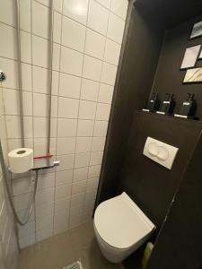 a small bathroom with a toilet and a shower at Centrally Located 4 Room Apartment in Copenhagen