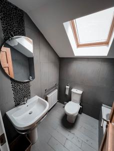 a bathroom with a sink and a toilet and a skylight at Barleycove Villa, Goleen, West Cork in Goleen