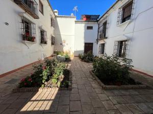 a courtyard of a building with flowers and plants at Apartamento centro historico in Ronda