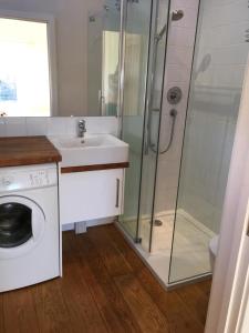 uma casa de banho com um chuveiro, um lavatório e uma máquina de lavar roupa em Little Park Farm Queen Anne Farmhouse & Apartments em Stratfield Mortimer