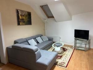 a living room with a couch and a flat screen tv at Kondé Apartments A in Dunajská Streda