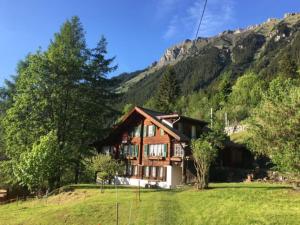 a house in a field with a mountain at Cosy Traditional Swiss Chalet in Wengen