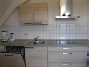 uma cozinha com um lavatório e uma bancada em Ferienwohnung Haus Sofi em Überlingen