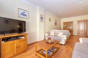 a living room with a couch and a tv at Casa Amiga in Praia do Carvoeiro