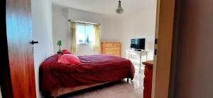 1 dormitorio con 1 cama con manta roja y TV en Rufilandia Dúplex para 2 personas Zona El Calvario en Tandil