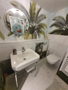 a bathroom with a sink and a mirror and a toilet at Eqynox Hotel in Vitry-le-François