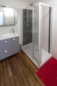 La salle de bains est pourvue d'une douche, d'un lavabo et d'un miroir. dans l'établissement Jolie maison de pêcheur - La Pointe Courte, à Sète