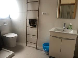 a bathroom with a toilet and a sink and a shower at AZORES HOLIDAYS HOUSE -B&B - Suites - Self Check-in KEYBOARD in Ponta Delgada