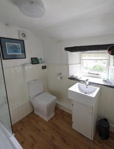 a white bathroom with a toilet and a sink at Millers Cottage, Broughton - family & pet friendly in Broughton in Furness