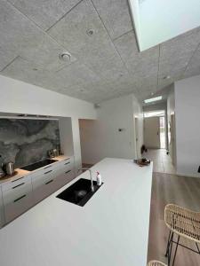 a white kitchen with a sink and a counter at Nyt hus fra 2022 med jungle vibe in Nørresundby