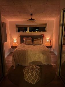 ein Schlafzimmer mit einem großen Bett mit zwei Lampen in der Unterkunft Nyt hus fra 2022 med jungle vibe in Nørresundby