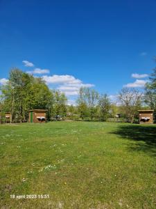 een groot grasveld met twee gebouwen op de achtergrond bij Lege Kampeerplaats + Prive Sanitair, Camping Alkenhaer in Appelscha