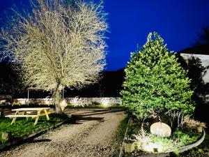 twee bomen en een picknicktafel in een park bij HL Hotel de la Loire in Goudet