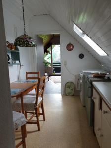 uma cozinha com uma mesa e uma sala de jantar em Haus "Asgard" em Brinjahe