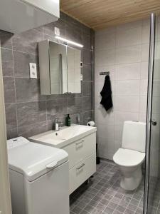 a bathroom with a sink and a toilet and a mirror at Uusi studio Tampereelta. in Tampere