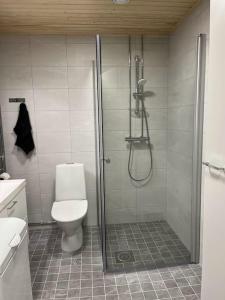 a bathroom with a shower and a toilet at Uusi studio Tampereelta. in Tampere