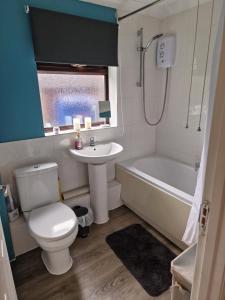 a bathroom with a toilet and a sink and a tub at Lovely City Studio near Station. Off Road Parking. in Norwich