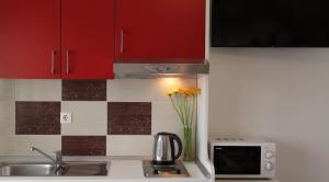 una cocina con armarios rojos y un jarrón de flores en Apartments Emilija, en Brela