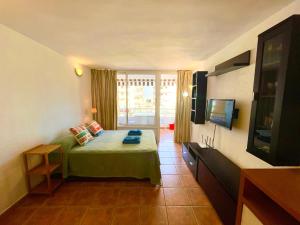 プラヤ・デ・ラス・アメリカスにあるBorinquen Sky Apartmentsのベッド1台とテレビが備わる小さな客室です。