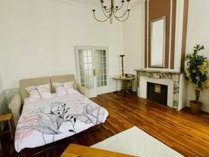 a living room with a bed and a fireplace at Grand Messier 8 personnes in Senones