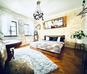 a bedroom with a bed and a mirror on the wall at Kristínka in Český Krumlov