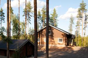 een houten hut in het bos met bomen bij Villa Valmuska in Mikkeli