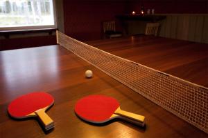 twee pingpong rackets en een bal op een tafel bij Villa Valmuska in Mikkeli