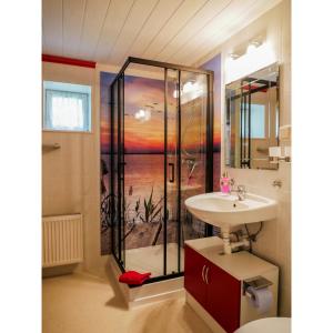 a bathroom with a shower with a painting on the wall at Inselromantik Rügen in Dreschvitz