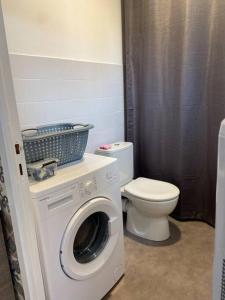 a bathroom with a washing machine and a toilet at Le Saint-Amour appartement classé 2 étoiles in Saint-Amour