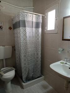 a bathroom with a shower curtain and a toilet at Zorbas Rooms in Frangokastello