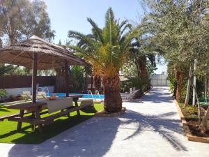 a patio with a table and an umbrella and a palm tree at Villa Tore in Quartu SantʼElena