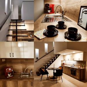 un collage de fotos de una cocina y una escalera en F27 Ferenc Apartment, en Budapest