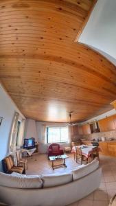 - un salon avec un canapé et un plafond en bois dans l'établissement Peak heaven, à Feneós
