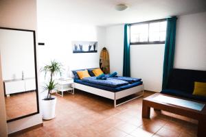 SURF DREAM House في كوراليخو: غرفة معيشة مع أريكة زرقاء ومرآة