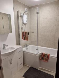 a bathroom with a shower and a tub and a sink at Newly renovated apartment! in London