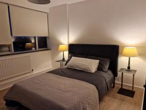 a bedroom with a bed with two lamps and a window at Newly renovated apartment! in London