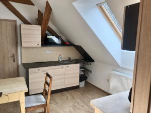 a kitchen with a sink and a table in a attic at Penzion Ambrozie in Seč