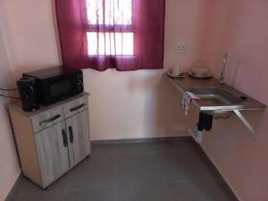 a small kitchen with a sink and a microwave at Sweetwaters Guest House in Estcourt