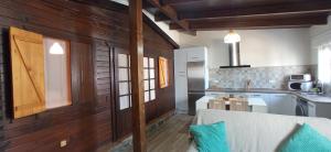 奇克拉納－德拉弗龍特拉的住宿－Casa La Cabaña，一间带木墙的厨房和一张沙发