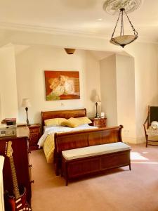 um quarto com uma cama e uma guitarra em Charming 3-Bed Victorian Villa House in New Ross em New Ross