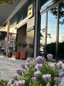 uma frente de loja com flores em frente em 3B Suites Boutique Hotel em Sarandë