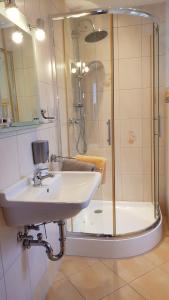een badkamer met een wastafel en een douche bij Galeriecafe und Pension Ambiente in Zittau