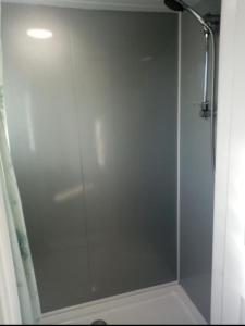 a shower with a glass door in a bathroom at H3 Rickardos Holiday Lets in Mablethorpe